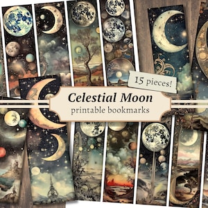 Celestial Moon afdrukbare bladwijzers, digitaal collageblad, astronomie Scrapbook Paper Kit, mystieke ongewenste dagboektags, vintage ster ephemera