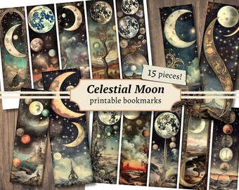 Celestial Moon Printable Bookmarks, Digital Collage Sheet, Astronomy Scrapbook Paper Kit, Mystical Junk Journal Tags, Vintage Star Ephemera