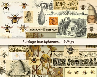 Vintage Bee Ephemera | 60+ pc | digital junk journal paper, printable collage sheet, insect scrapbook kit, honey bee pages, journaling pack