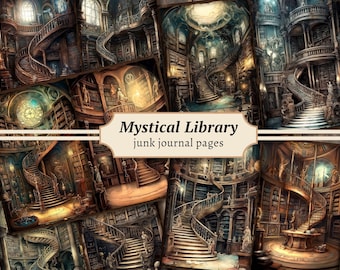 May include: A collage of images depicting a mystical library with winding staircases, bookshelves, and ornate details. The text "Mystical Library junk journal pages" is superimposed on the image.