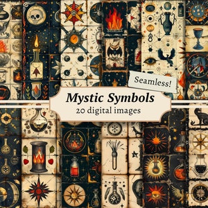 Mystic Symbols Seamless Digital Papers, Scrapbook Background Kit, Dark Witchcraft Printable, Vintage Grimoire Patterns, Pagan Journal Pages