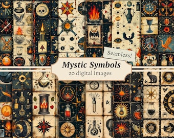May include: A collection of 20 digital images featuring mystic symbols. The images are arranged in a grid pattern, showcasing various designs including skulls, flames, and celestial bodies. The color palette includes dark blues, browns, and gold accents, with the text "Mystic Symbols" and "Seamless!"