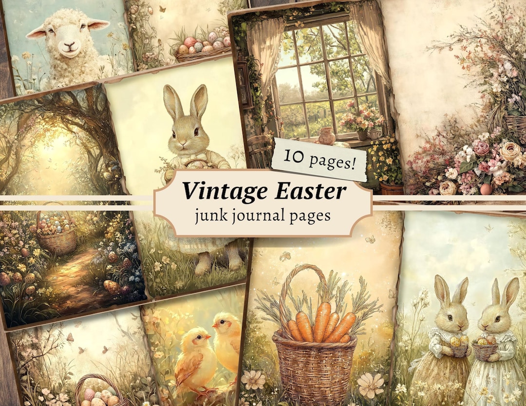Vintage Easter Junk Journal Pages, Digital Scrapbook, Floral Bunny ...
