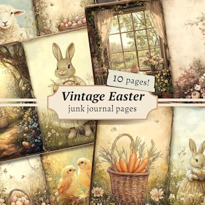 Vintage Ostern Junk Journal Seiten, digitales Sammelalbum, Blumen Häschen Papier Kit, Frühling bedruckbar, Vintage Ephemera, Osterei Collage Sheet