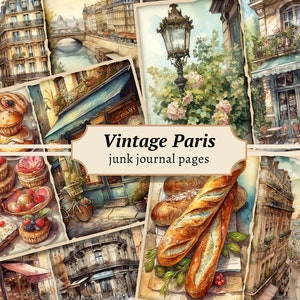 Vintage Paris Junk Journal Pages, digitale plakboekkit, aquarelpapier, Franse ephemera, afdrukbaar collageblad, shabby chic download
