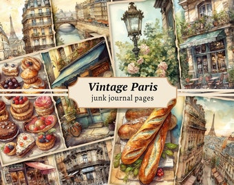 May include: A collage of vintage Parisian scenes, including a bakery with pastries, a cafe with outdoor seating, a street view with the Eiffel Tower in the distance, and a close-up of baguettes. The collage is titled "Vintage Paris junk journal pages".