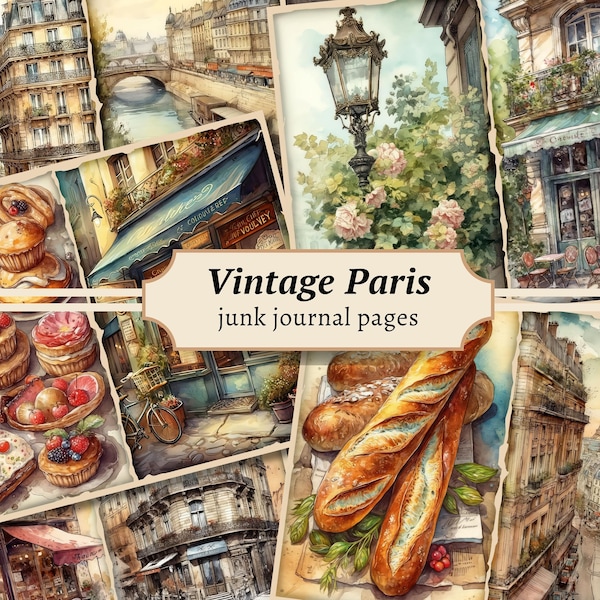 Vintage Paris Junk Journal Pages, Digital Scrapbook Kit, Watercolor Paper, French Ephemera, Printable Collage Sheet, Shabby Chic Download