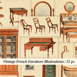 Vintage French Furniture Illustrations | 31 pc | junk journal ephemera, digital scrapbook paper, printable collage sheet, antique victorian