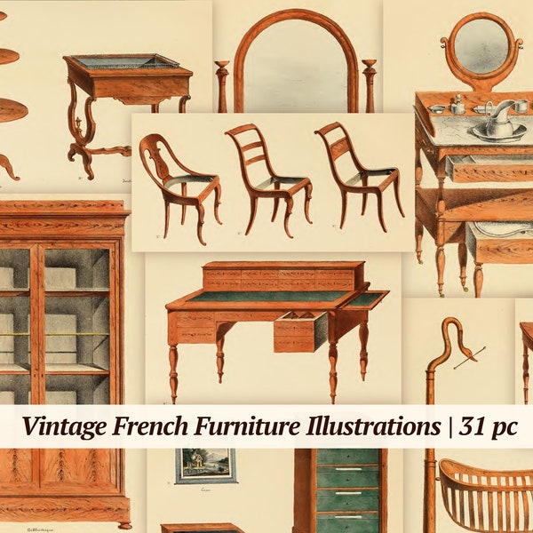 Vintage French Furniture Illustrations | 31 pc | junk journal ephemera, digital scrapbook paper, printable collage sheet, antique victorian