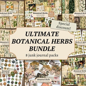Bundle méga de journal indésirable herbes botaniques, kit de papier de scrapbooking numérique, imprimable à base de plantes, pages d'apothicaire, feuille de collage, éphémères vintage