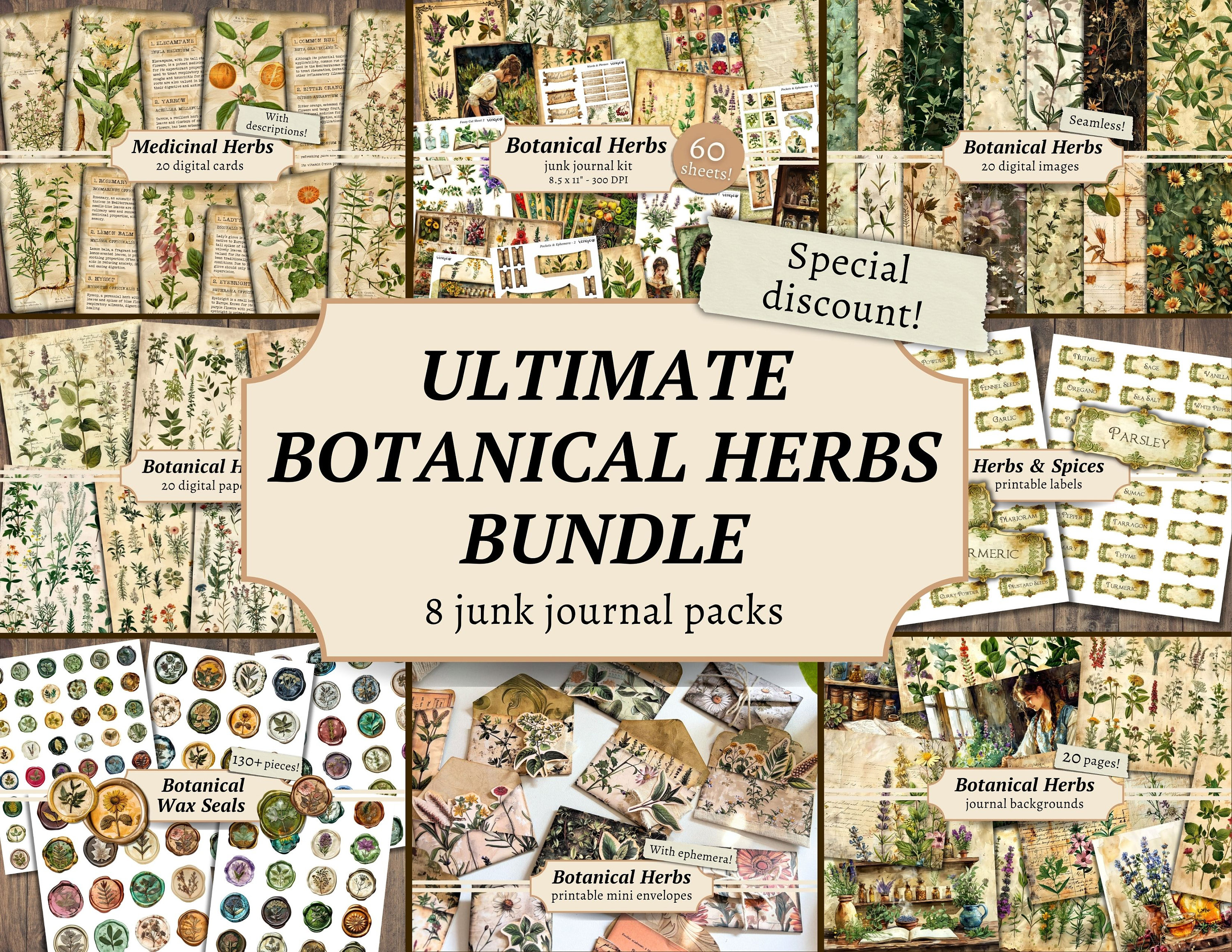 Botanical Herbs Junk Journal Mega Bundle, Digital Scrapbook Paper Kit, Herbal Printable, Apothecary Pages, Collage Sheet, Vintage Ephemera