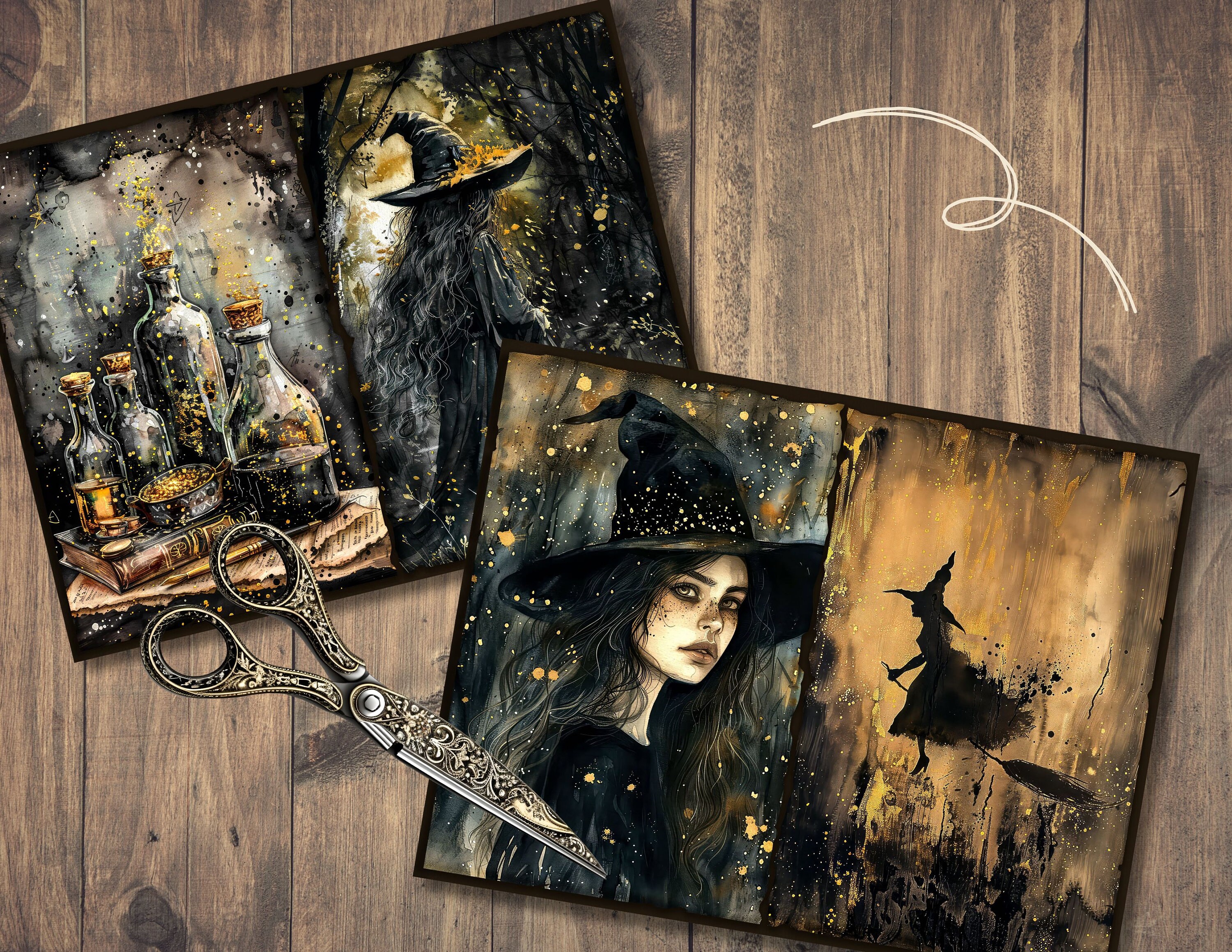Golden Witch Junk Journal Pages, Digital Scrapbook Paper Kit, Mystic ...
