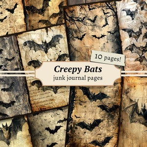 Creepy Bats Junk Journal Pages, cyfrowy zestaw papieru do scrapbookingu, gotyckie wydruki, arkusz kolażu grimoire, pobieranie mrocznego Halloween, czarne nietoperze