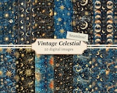 Celestial Digital Papers, Galaxy Scrapbook Backgrounds, Zodiac Printable, Seamless Patterns, Vintage Junk Journal Pages, Moon Card Making