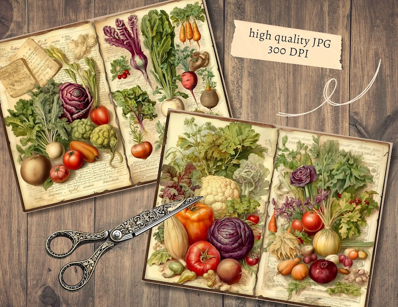 May include: Two open vintage books with illustrations of various vegetables, including cauliflower, tomatoes, onions, and cabbage. The books are on a wooden surface with a pair of antique scissors.