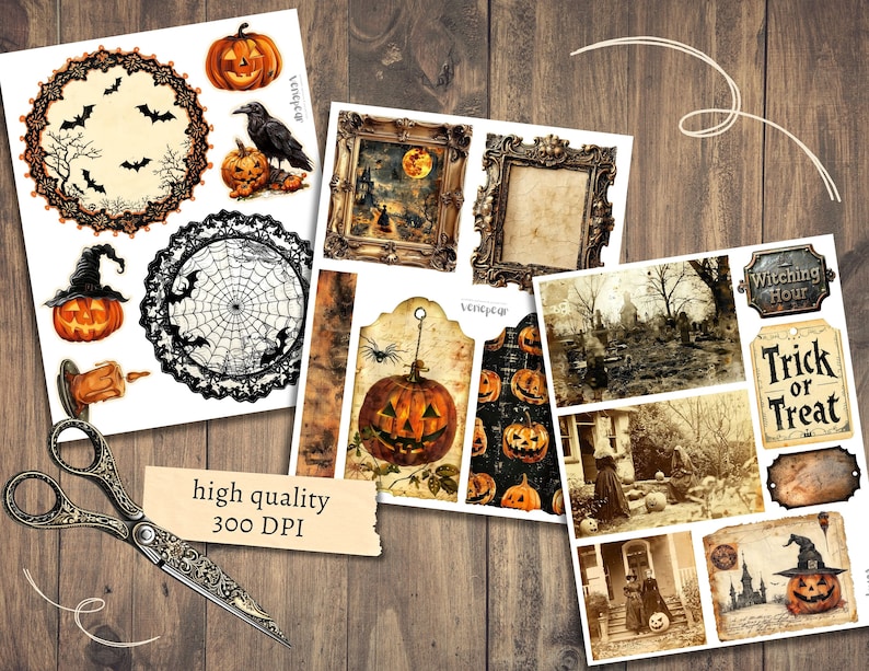 K&ouml;nnte beinhalten: Ein Set mit 10 digitalen, druckbaren Halloween-Scrapbook-Papieren mit Bildern von K&uuml;rbissen, Flederm&auml;usen, Spinnen und einem Spukhaus. Die Papiere sind im Vintage-Stil mit einem Used-Look. Die Texte "Witching Hour" und "Trick or Treat" sind auf einigen Papieren enthalten.