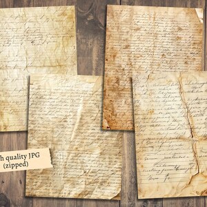 May include: Four sheets of vintage, aged paper with handwritten text in black ink. The paper is yellowed and has a distressed, worn look. The sheets are arranged in a grid pattern on a wooden background.