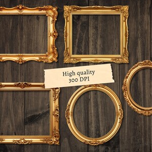 May include: Set of four ornate gold picture frames with a wood grain background. The frames are all different sizes and shapes, with intricate details and a vintage aesthetic.