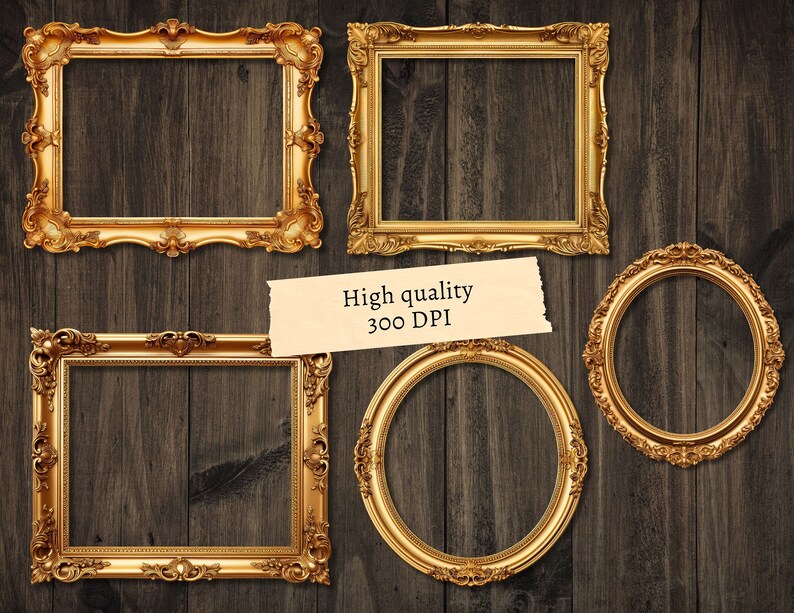 May include: Set of four ornate gold picture frames with a wood grain background. The frames are all different sizes and shapes, with intricate details and a vintage aesthetic.