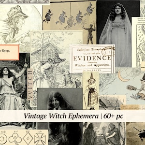 May include: A vintage collage of images related to witches and witchcraft. The collage includes illustrations of witches flying on broomsticks, a witch's cauldron, and a witch's hat. The text "Saducifom Triumphar" and "EVIDENCE Concerning Witches and Apparitions" is visible in the collage.
