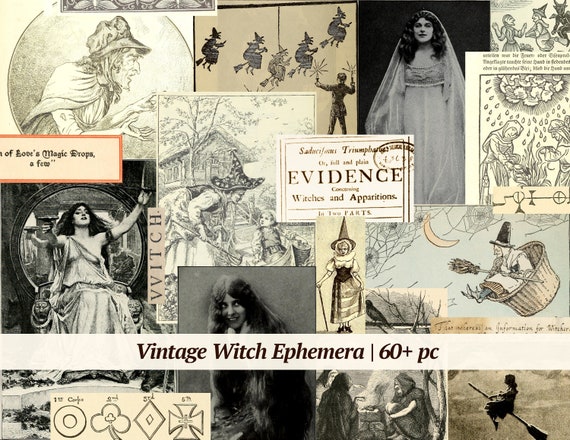 Vintage Witch Ephemera | 60+ pc | witchy junk journal printables, digital wicca collage sheet, old spooky scrapbook kit, creepy witchcraft