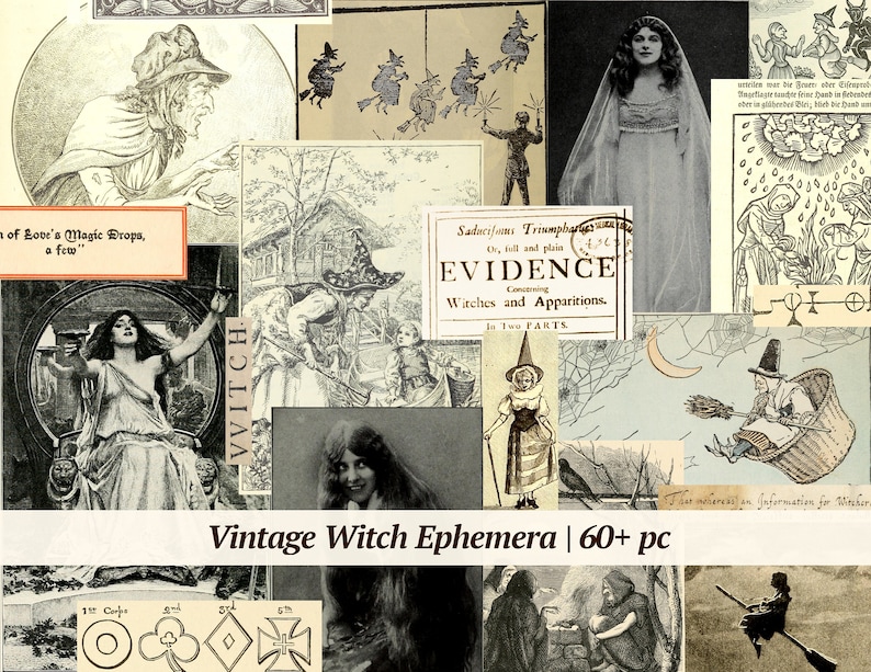 May include: A vintage collage of images related to witches and witchcraft. The collage includes illustrations of witches flying on broomsticks, a witch's cauldron, and a witch's hat. The text "Saducifom Triumphar" and "EVIDENCE Concerning Witches and Apparitions" is visible in the collage.