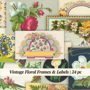 Vintage Floral Frames & Labels | 24 pc | Victorian journaling ephemera, digital botanical junk journal tags, printable flower embellishments