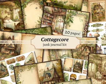 Cottagecore Junk Journal Kit, cottage afdrukbaar, digitaal plakboekpapier, botanisch collageblad, paddenstoelpagina&#39;s, vintage ephemera, tags