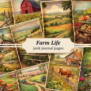 Páginas de diário de lixo de fazenda, papel de campo em aquarela digital, kit de álbum de recortes vintage para impressão, folha de colagem de animais de fazenda, vida no campo
