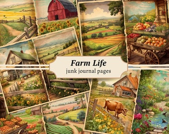 Farm Junk Journal Pages, Digital Watercolor Countryside Paper, Printable Vintage Scrapbook Kit, Farm Animals Collage Sheet, Country Living