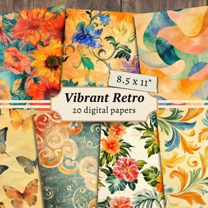 Vibrant Retro Digital Papers, Scrapbook Kit, Vintage Printable, Junk Journal Pages, Card Making Ephemera, Decorative Background Download