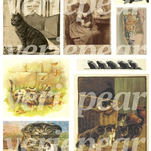Puede incluir: Un collage de im&aacute;genes vintage con gatos. Las im&aacute;genes incluyen un gato negro sentado en una silla, una mujer sosteniendo un gato, un grupo de gatos jugando en una cesta y un gato bebiendo de un cuenco.