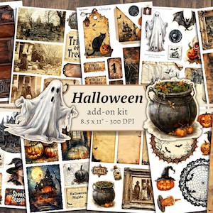 Kit de journal indésirable pour Halloween, papier de scrapbooking numérique, impression effrayante, pages d'Halloween, feuille de collage, éphémères vintage, carte citrouille