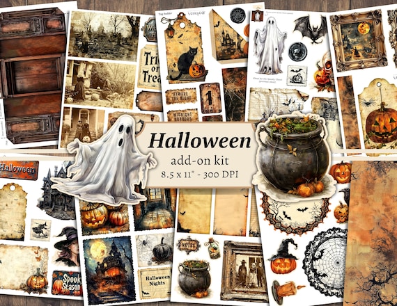 Halloween Add On Junk Journal Kit, Digital Scrapbook Paper, Creepy Printable, Halloween Pages, Collage Sheet, Vintage Ephemera, Pumpkin Card