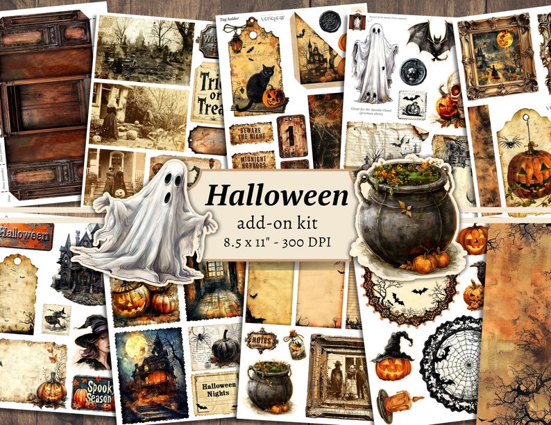 K&ouml;nnte beinhalten: Ein digitales Collage-Blatt mit Halloween-Thema. Das Blatt enth&auml;lt Bilder von Geistern, K&uuml;rbissen, Kesseln, Flederm&auml;usen, Spinnen und anderen gruseligen Elementen. Das Blatt ist 8,5 Zoll mal 11 Zoll gro&szlig; und hat 300 DPI.
