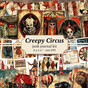 Creepy Circus Junk Journal Kit, digitaal plakboek, afdrukbaar clown, Haunted Fair-pagina's, collagevel, vintage ephemera, carnavalskaart