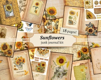 Sunflower Junk Journal Kit, Vintage Sunflower Ephemera, Printable Collage Sheet, Digital Flower Paper, Floral Scrapbook Pages, Tags, Stamps