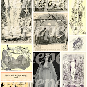 May include: A collage of vintage illustrations featuring a woman in flames, a witch with crows, a woman in a veil, and a man standing in a forest. The text "The Witch of Woody Dell" is visible in the upper right corner.
