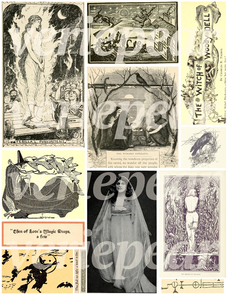 May include: A collage of vintage illustrations featuring a woman in flames, a witch with crows, a woman in a veil, and a man standing in a forest. The text "The Witch of Woody Dell" is visible in the upper right corner.
