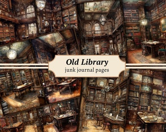 May include: A collage of images depicting the interior of an old library with bookshelves, tables, chairs, and lamps. The images are arranged in a grid pattern and have a vintage aesthetic. The text "Old Library junk journal pages" is displayed in the center of the collage.