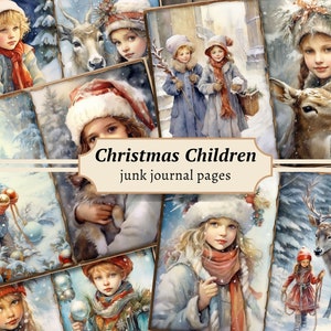 Páginas de diario basura para niños de Navidad, álbum de recortes digital, kit de papel vintage, imprimible durante vacaciones, hoja de collage festivo, descarga de nieve de invierno