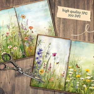 May include: Watercolour illustrations of wildflowers and butterflies on aged paper. The artwork features daisies, lavender, and other colourful blooms against a soft blue sky. Decorative scissors rest on a wooden surface. The text "high quality JPG 300 DPI" is visible.