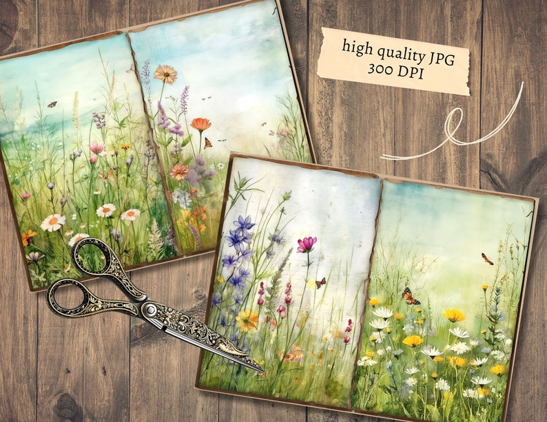May include: Watercolour illustrations of wildflowers and butterflies on aged paper. The artwork features daisies, lavender, and other colourful blooms against a soft blue sky. Decorative scissors rest on a wooden surface. The text "high quality JPG 300 DPI" is visible.