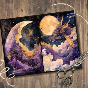 May include: A watercolor painting of a purple dragon with gold accents flying through a starry night sky with a crescent moon. The dragon is surrounded by clouds and the moon is full and bright.