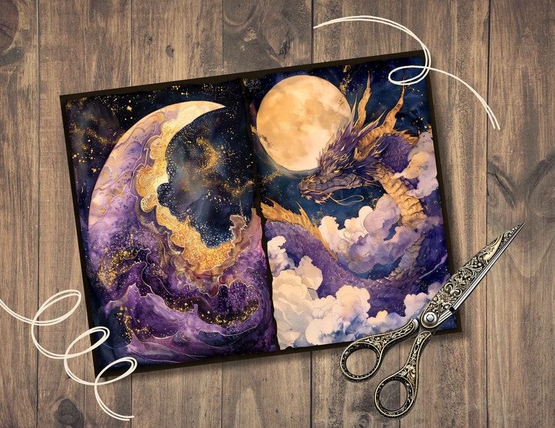 May include: A watercolor painting of a purple dragon with gold accents flying through a starry night sky with a crescent moon. The dragon is surrounded by clouds and the moon is full and bright.