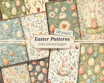Easter Patterns Junk Journal Pages, Digital Scrapbook, Floral Bunny Paper Kit, Spring Printable, Vintage Ephemera, Easter Egg Collage Sheet