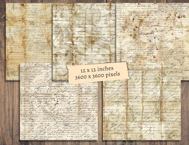 Op de afbeelding: Zes vintage papiertexturen met handgeschreven tekst in zwarte inkt. Het papier is verouderd en heeft een vergeelde, versleten uitstraling. De texturen zijn 12 x 12 inch en 3600 x 3600 pixels.