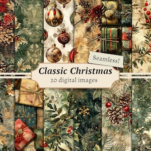 Papéis digitais de Natal, fundos de álbuns de recortes, férias de inverno para impressão, padrões sem costura de Natal, páginas de diário de lixo vintage, criação de cartões
