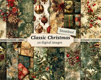 Christmas Digital Papers, Scrapbook Backgrounds, Winter Holidays Printable, Xmas Seamless Patterns, Vintage Junk Journal Pages, Card Making