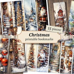 Marcadores navideños imprimibles, hojas de collage digital, kit de papel para álbumes de recortes, etiquetas de efímeras vintage, etiquetas festivas para las fiestas, diario basura de Papá Noel